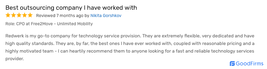 Extrait de l'avis sur le développement d'applications Redwerk chez GoodFirms