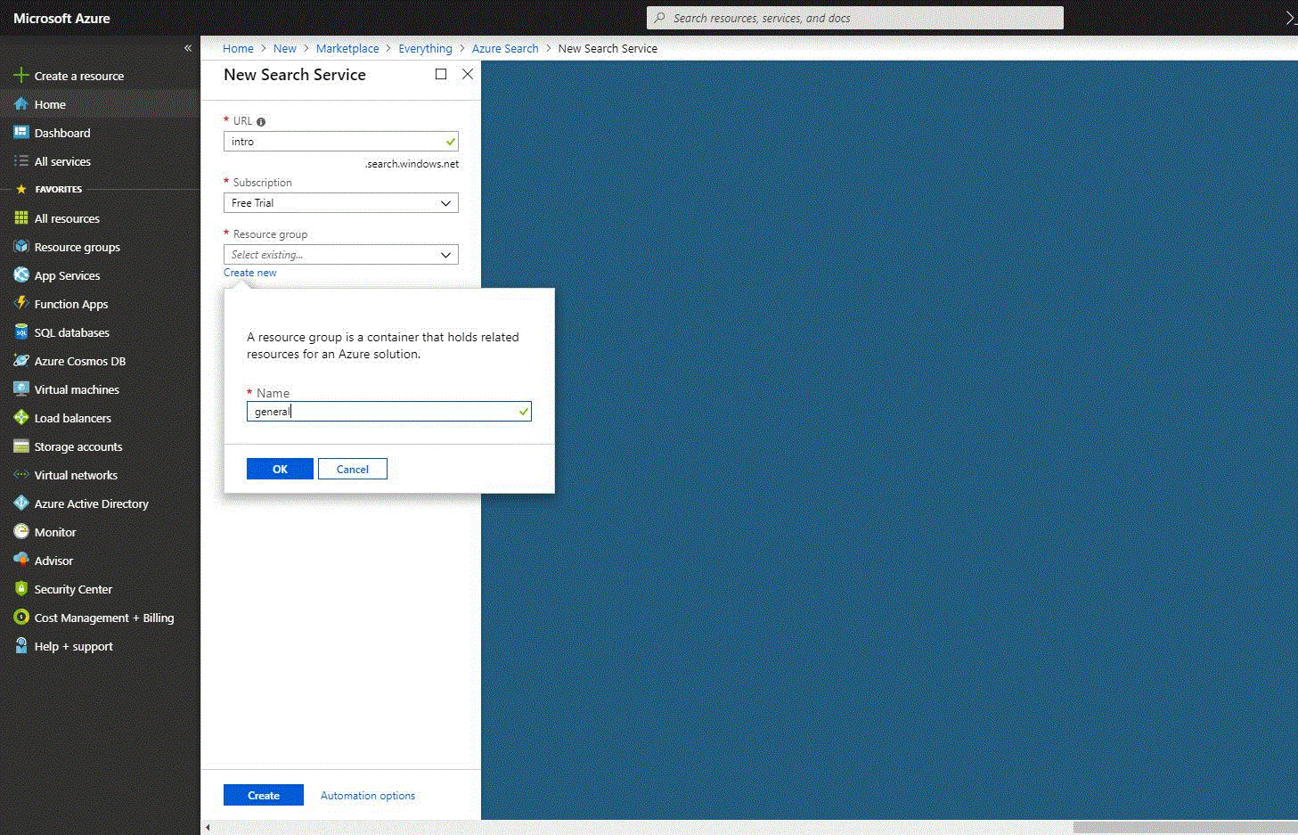 Azure search: création d'un nouveau service de recherche, définition du niveau tarifaire